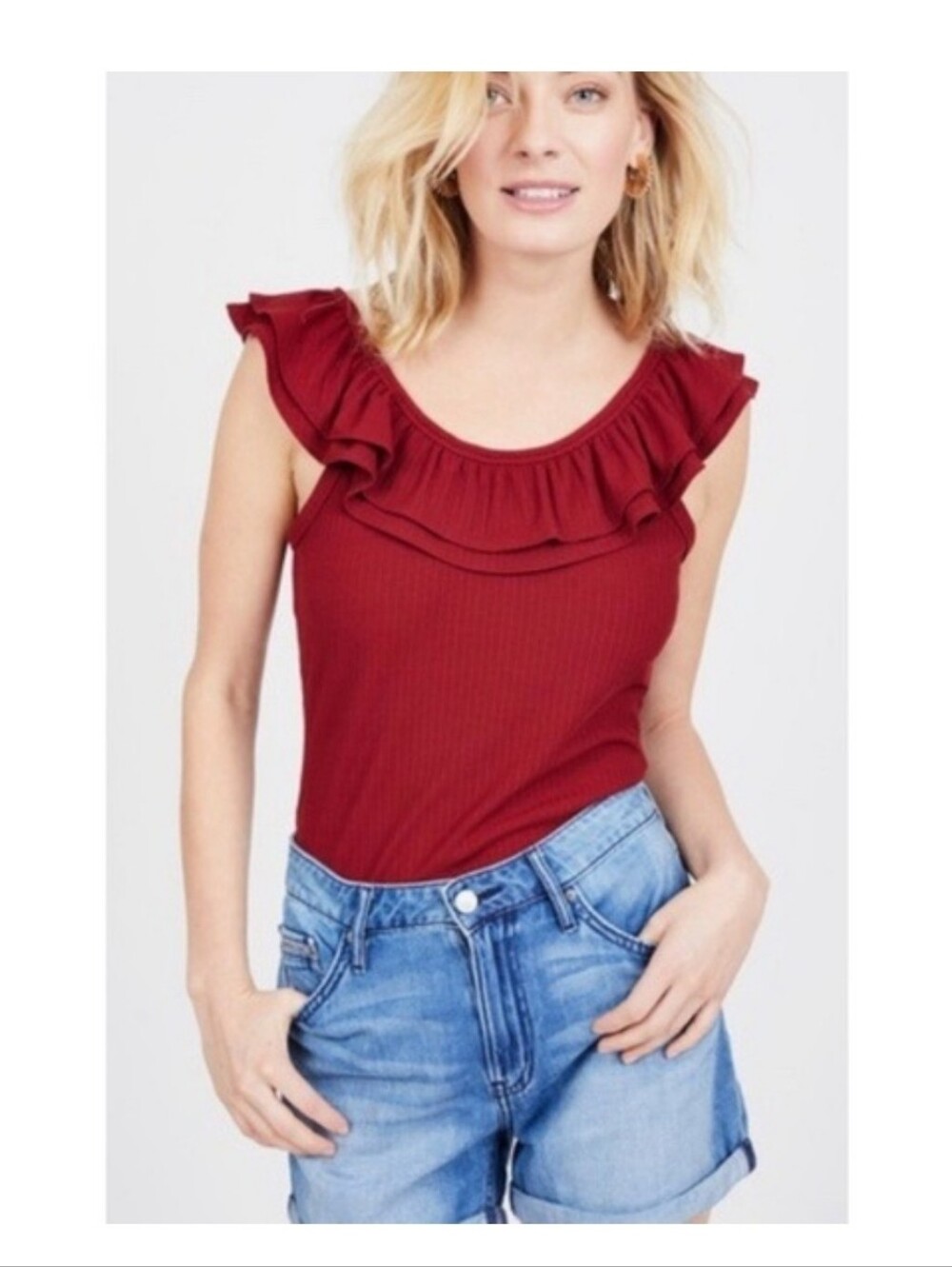 Summer & Sage Burgundy Red Layered Ruffle Tee Top Ribbed Romantic Small